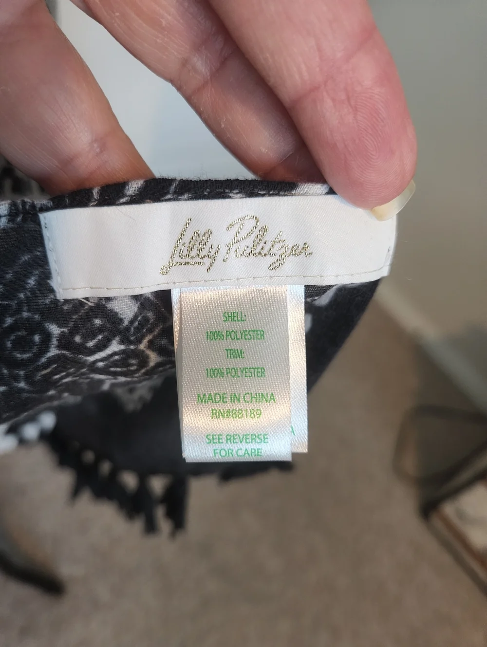 Lilly Pulitzer Black and White Floral Tassel Wrap Scarf